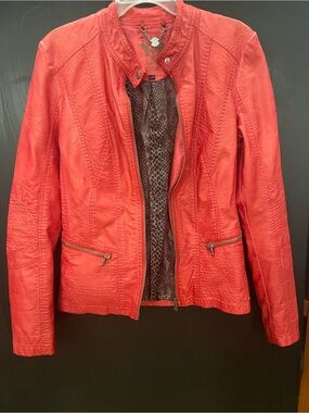 POINT ZERO Coral-Red Faux Leather Moto Jacket